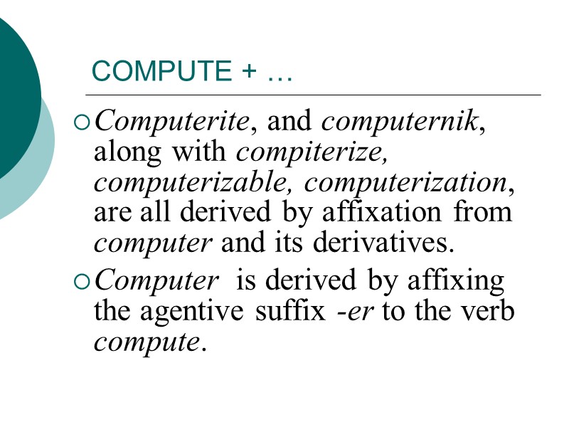 COMPUTE + … Computerite, and computernik, along with compiterize, computerizable, computerization, are all derived